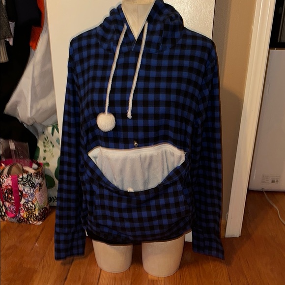 Blue and Black Plaid Hoodie with pet pouch - Picture 1 of 8